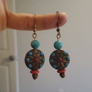 Artisan Turquoise and Red Medallion Earrings
